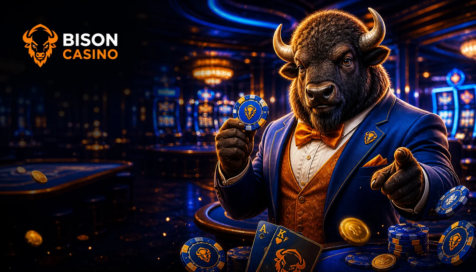 A high-resolution banner featuring an anthropomorphic bison mascot in a premium casino setting with Bison Casino logo.