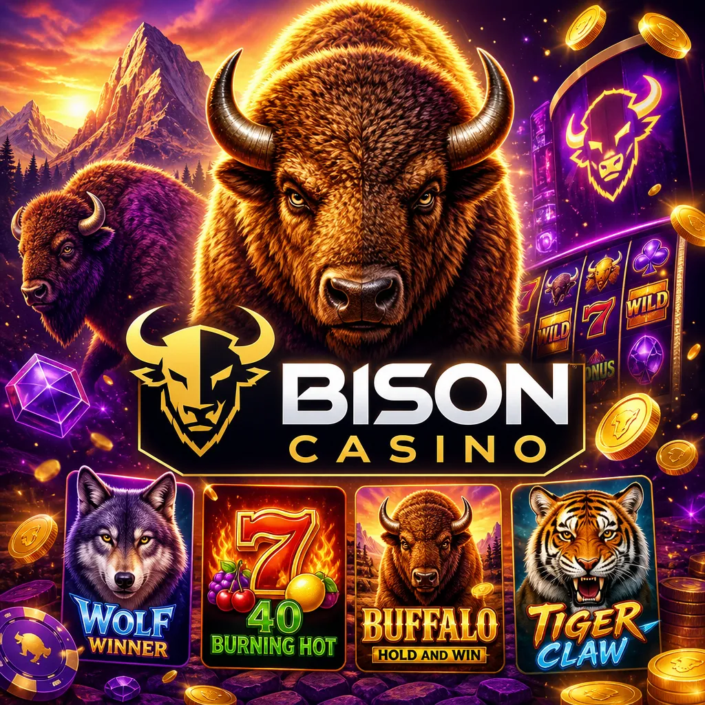 Bison Casino promotional square image featuring brand logo, vibrant colors, and gaming elements.